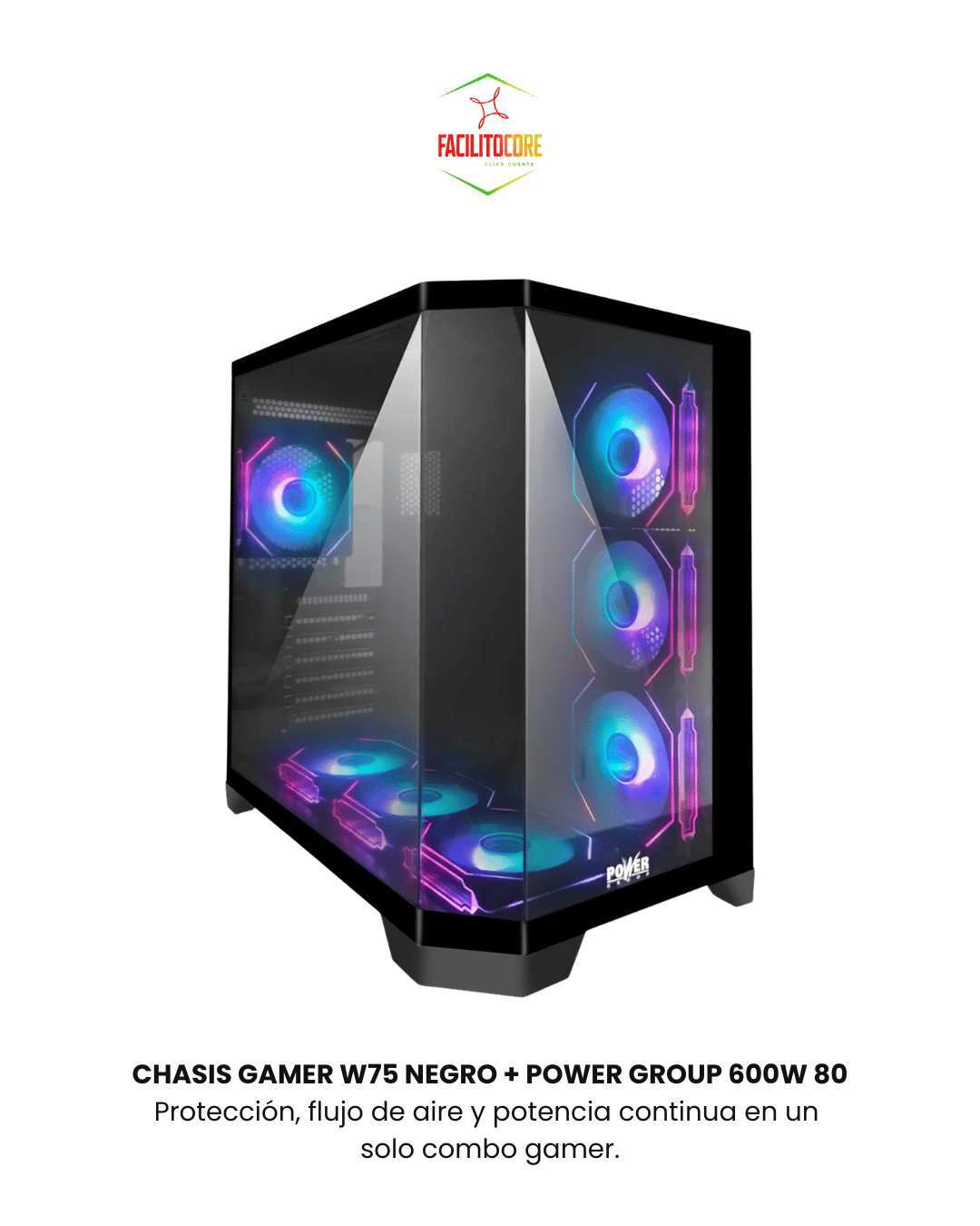 CHASIS GAMER W75 NEGRO + FUENTE POWER GROUP 600W 80 PLUS BRONZE